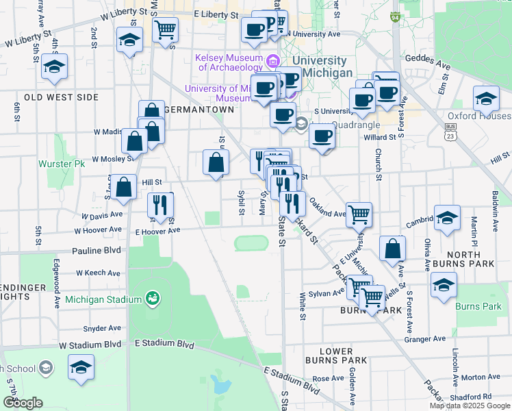 map of restaurants, bars, coffee shops, grocery stores, and more near 932 Mary Street in Ann Arbor