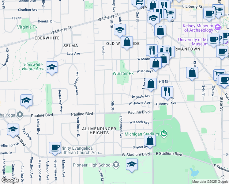 map of restaurants, bars, coffee shops, grocery stores, and more near 905 5th Street in Ann Arbor