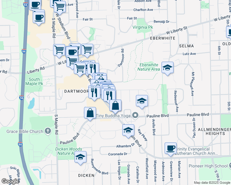map of restaurants, bars, coffee shops, grocery stores, and more near 912 Evelyn Court in Ann Arbor