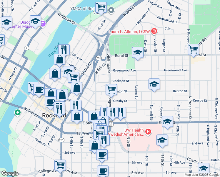 map of restaurants, bars, coffee shops, grocery stores, and more near in Rockford