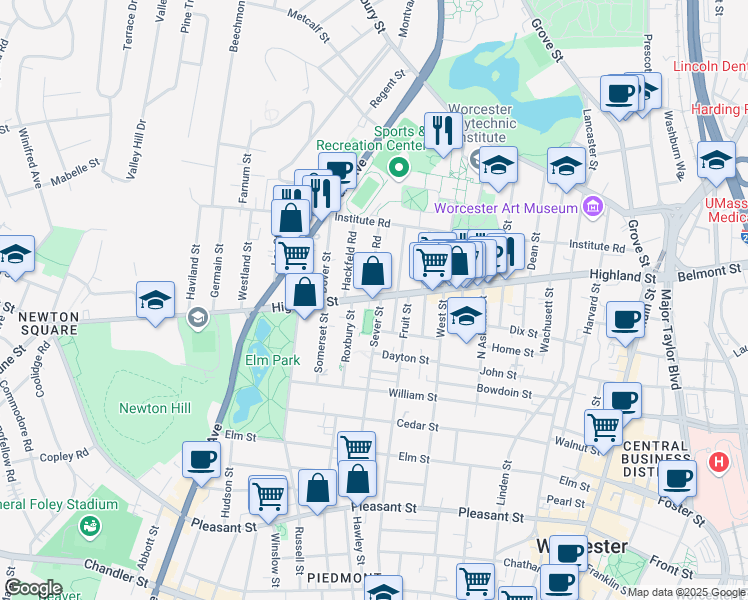 map of restaurants, bars, coffee shops, grocery stores, and more near 185 Highland Street in Worcester