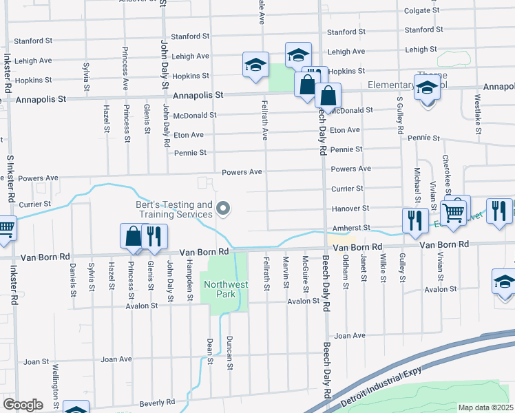 map of restaurants, bars, coffee shops, grocery stores, and more near 26132 Hanover Street in Dearborn Heights