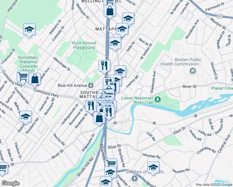 map of restaurants, bars, coffee shops, grocery stores, and more near 132 Babson Street in Boston
