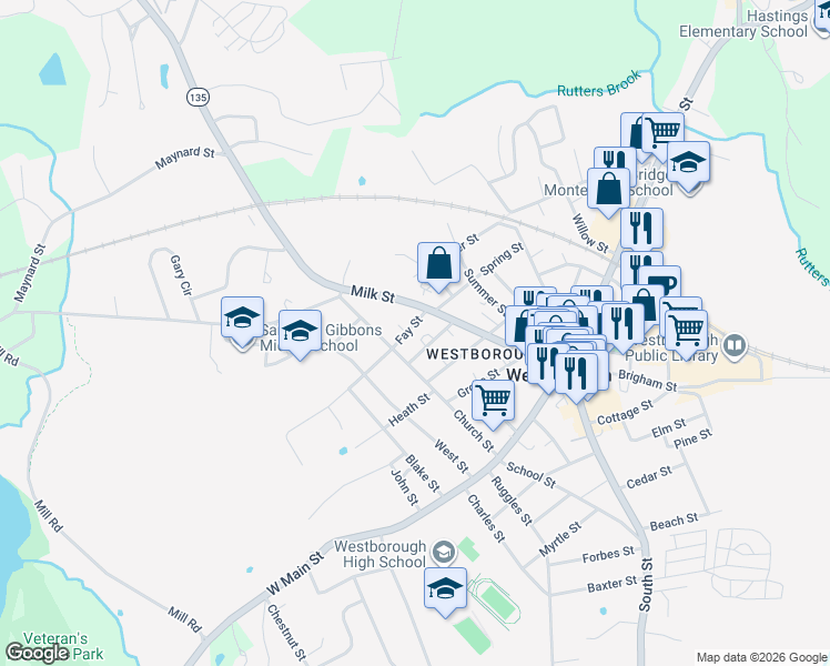 map of restaurants, bars, coffee shops, grocery stores, and more near 15 Boardman Street in Westborough