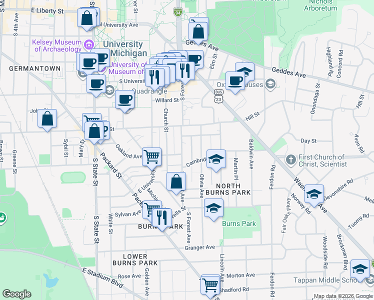 map of restaurants, bars, coffee shops, grocery stores, and more near 1305 Cambridge Road in Ann Arbor