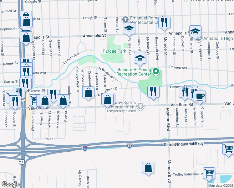 map of restaurants, bars, coffee shops, grocery stores, and more near 5650 Pardee Avenue in Dearborn Heights