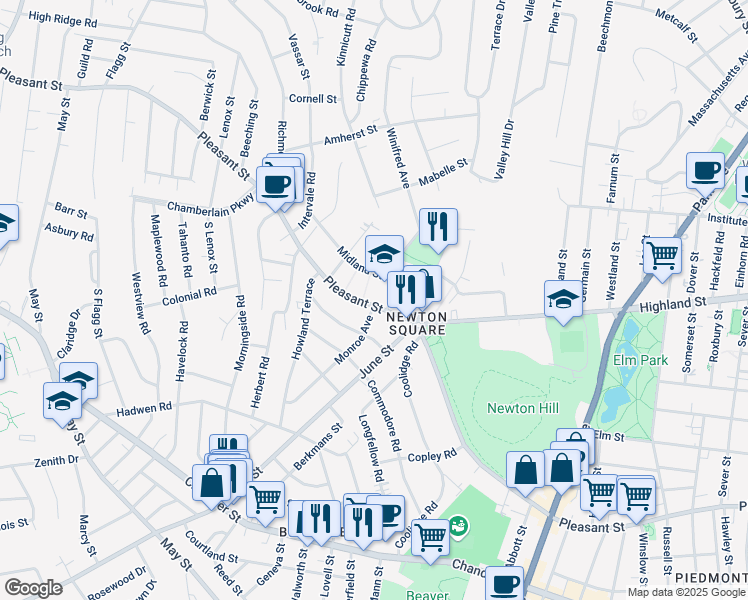 map of restaurants, bars, coffee shops, grocery stores, and more near 731 Pleasant Street in Worcester