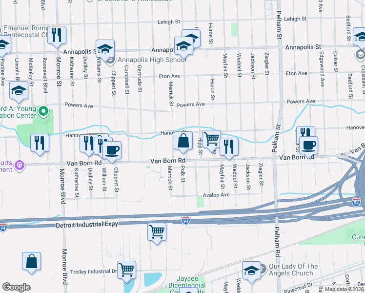 map of restaurants, bars, coffee shops, grocery stores, and more near 20640 Van Born Road in Dearborn Heights