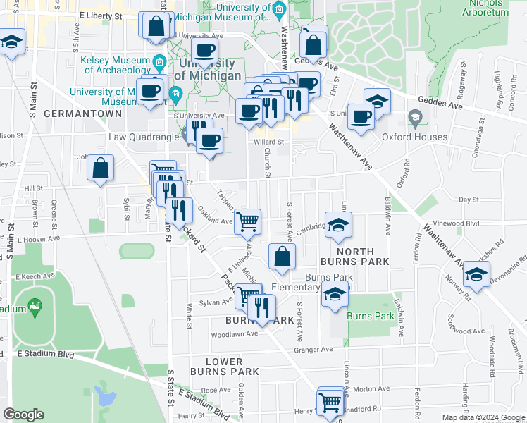 map of restaurants, bars, coffee shops, grocery stores, and more near 928 Church Street in Ann Arbor