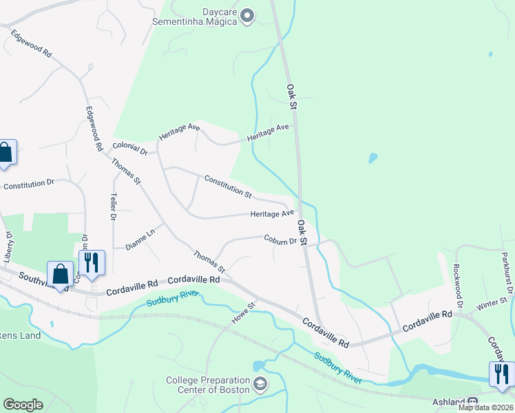 map of restaurants, bars, coffee shops, grocery stores, and more near 14 Heritage Avenue in Ashland