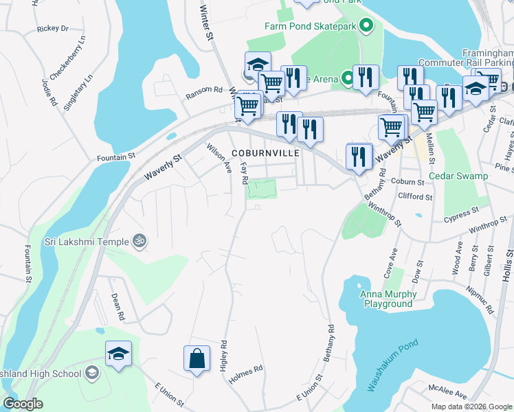 map of restaurants, bars, coffee shops, grocery stores, and more near 88 Fay Road in Framingham