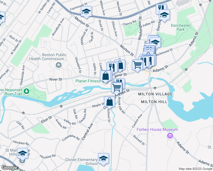 map of restaurants, bars, coffee shops, grocery stores, and more near 90 River Street in Boston