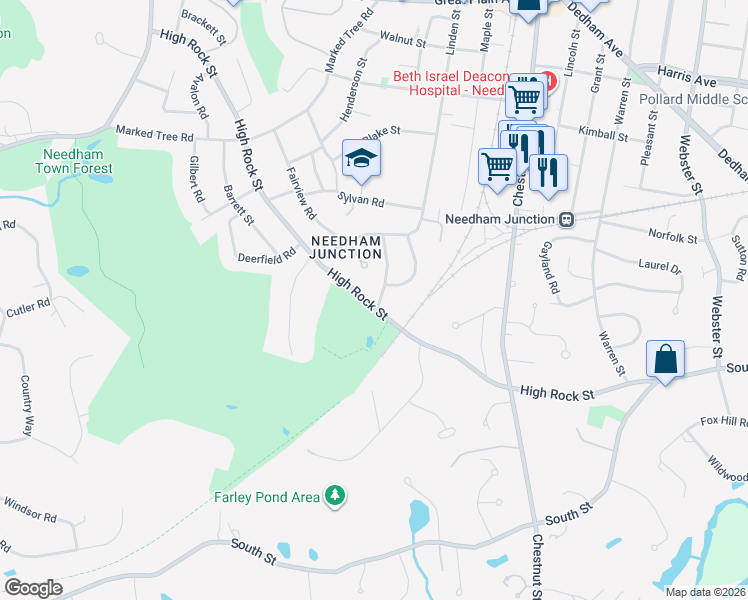 map of restaurants, bars, coffee shops, grocery stores, and more near 267 High Rock Street in Needham