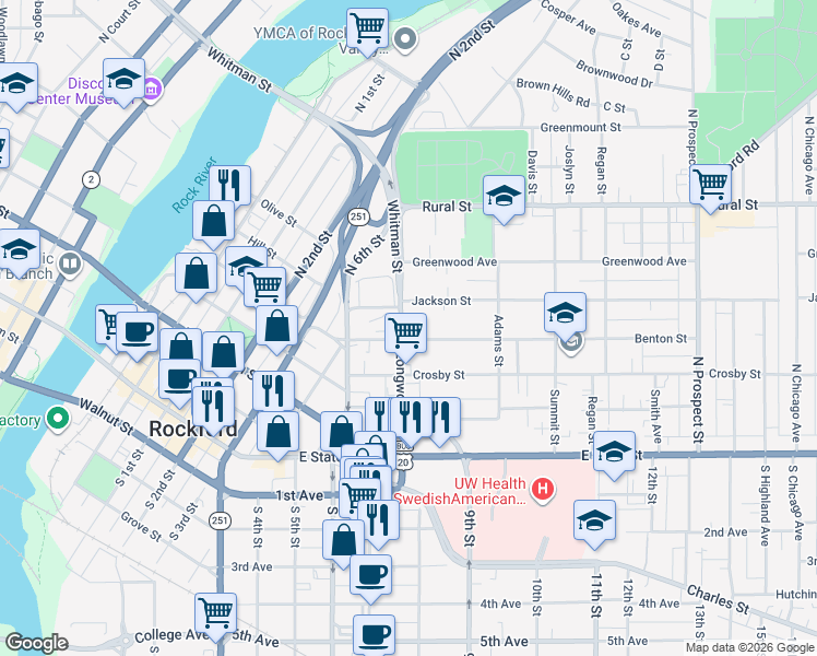 map of restaurants, bars, coffee shops, grocery stores, and more near 405 North Longwood Street in Rockford