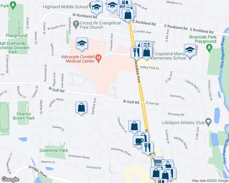 map of restaurants, bars, coffee shops, grocery stores, and more near 126 West Golf Road in Libertyville