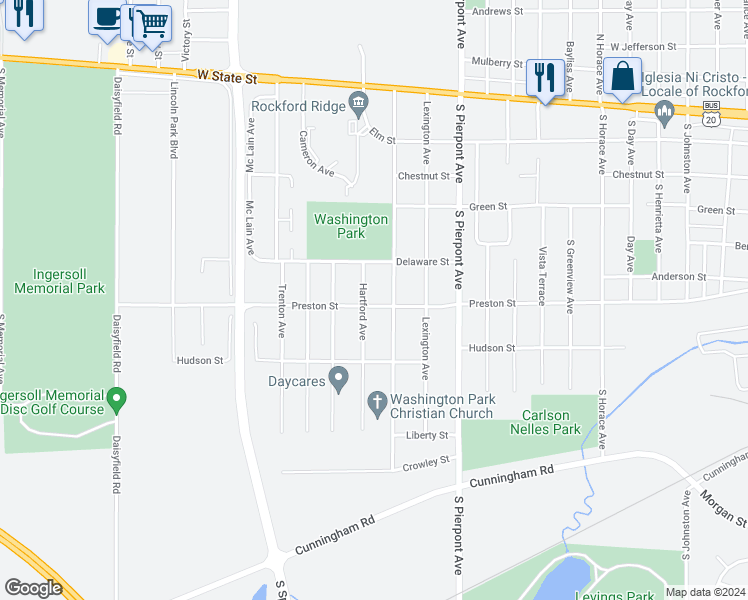 map of restaurants, bars, coffee shops, grocery stores, and more near 3513 Preston Street in Rockford