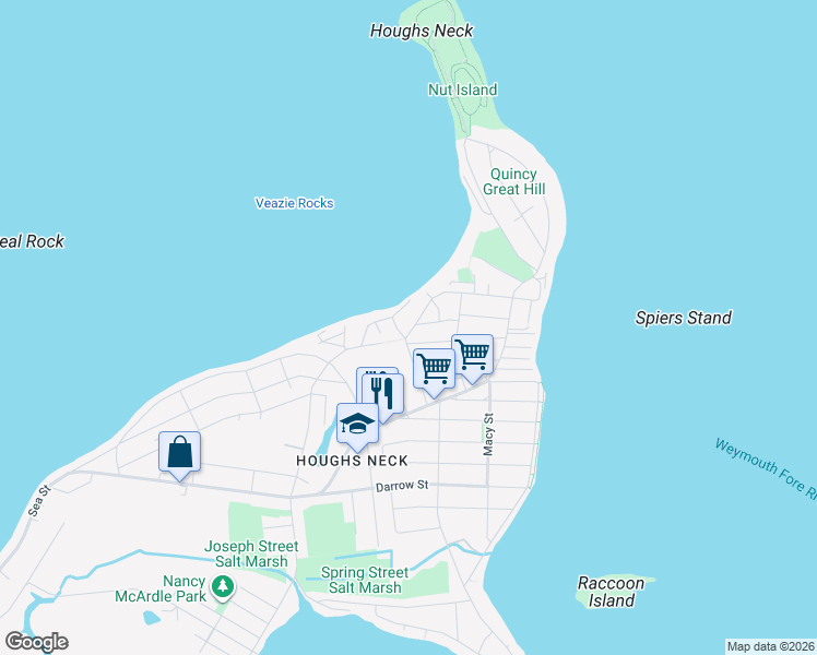 map of restaurants, bars, coffee shops, grocery stores, and more near 8 Bay View Avenue in Quincy