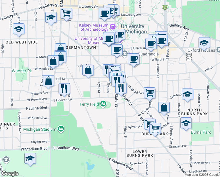 map of restaurants, bars, coffee shops, grocery stores, and more near 913 Mary Street in Ann Arbor