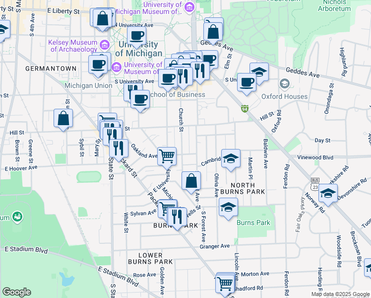 map of restaurants, bars, coffee shops, grocery stores, and more near 925 Church Street in Ann Arbor