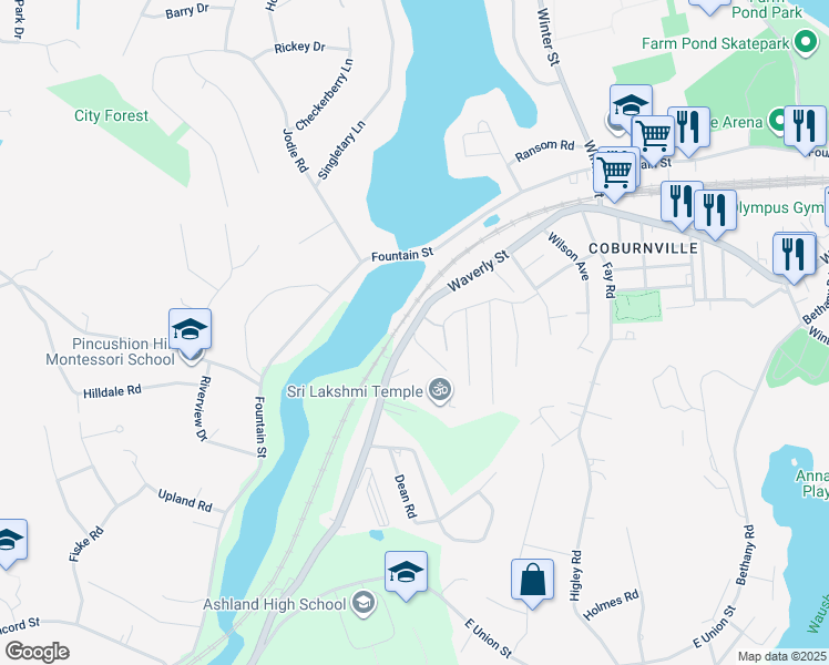map of restaurants, bars, coffee shops, grocery stores, and more near 1118 Waverly Street in Framingham