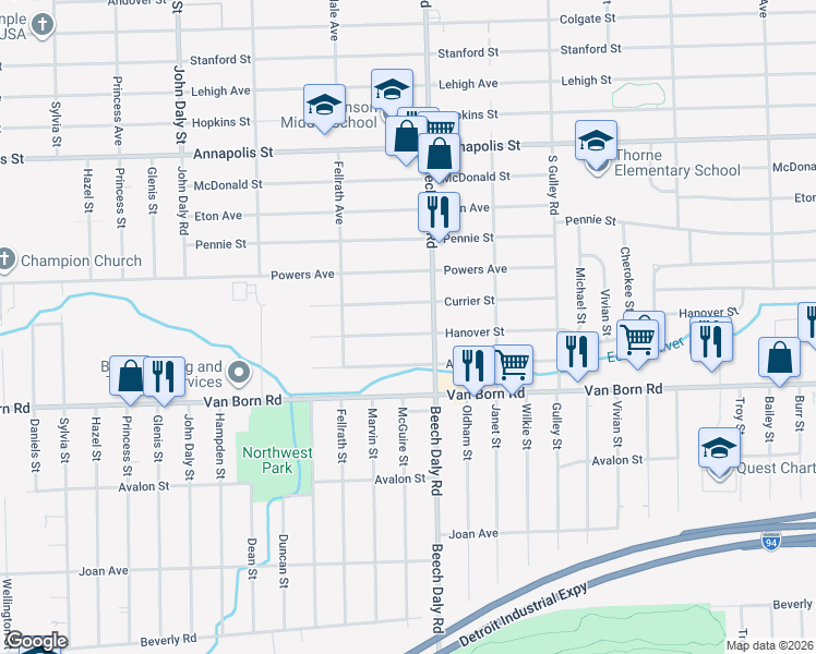 map of restaurants, bars, coffee shops, grocery stores, and more near 25866 Amherst Street in Dearborn Heights
