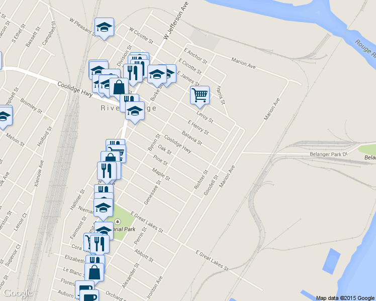 map of restaurants, bars, coffee shops, grocery stores, and more near 1009 Coolidge Highway in River Rouge