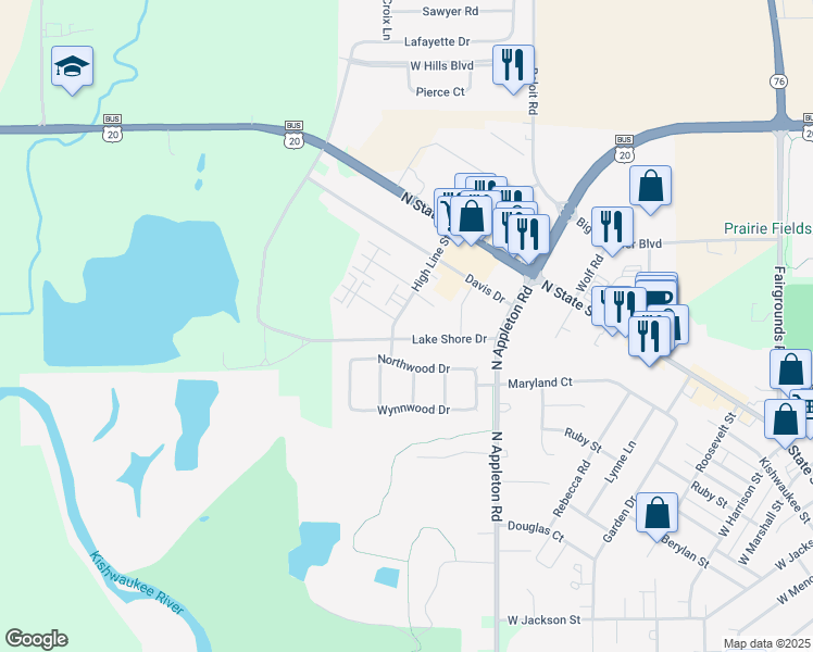map of restaurants, bars, coffee shops, grocery stores, and more near 280 High Line Street in Belvidere