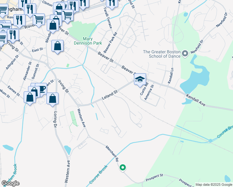 map of restaurants, bars, coffee shops, grocery stores, and more near 91A Leland Street in Framingham