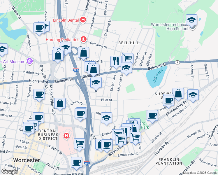 map of restaurants, bars, coffee shops, grocery stores, and more near 2 Farwell Street in Worcester