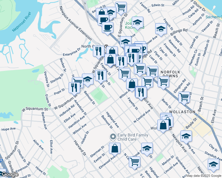 map of restaurants, bars, coffee shops, grocery stores, and more near 77 Safford Street in Quincy
