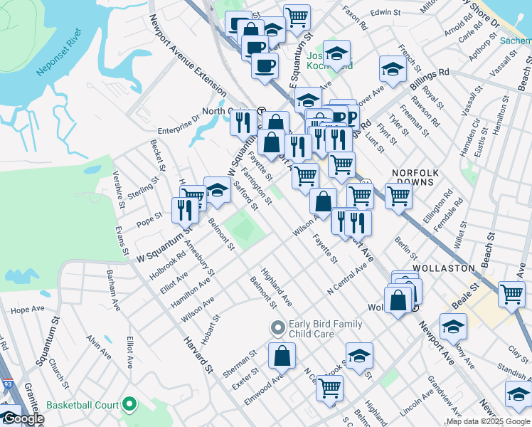 map of restaurants, bars, coffee shops, grocery stores, and more near 77 Safford Street in Quincy