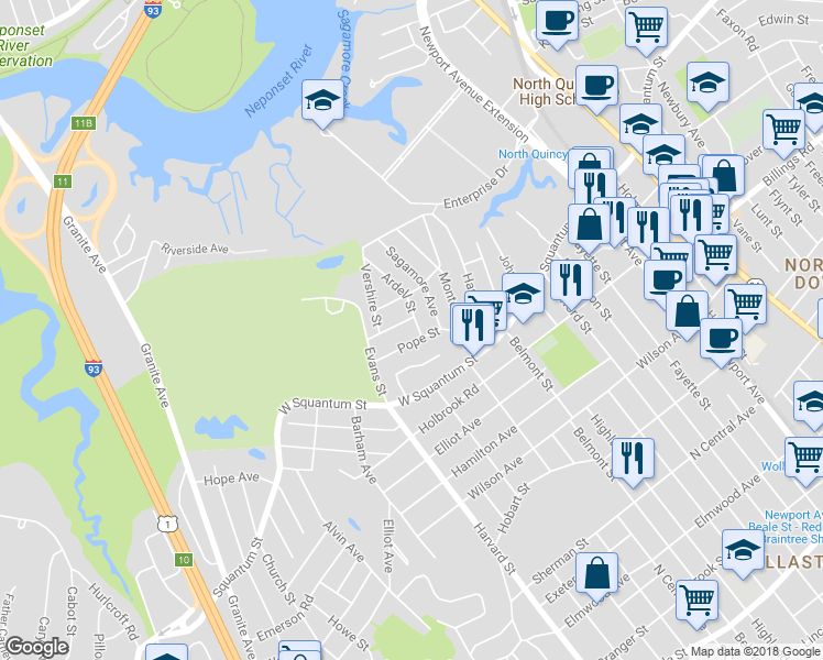 map of restaurants, bars, coffee shops, grocery stores, and more near 58 Pope Street in Quincy