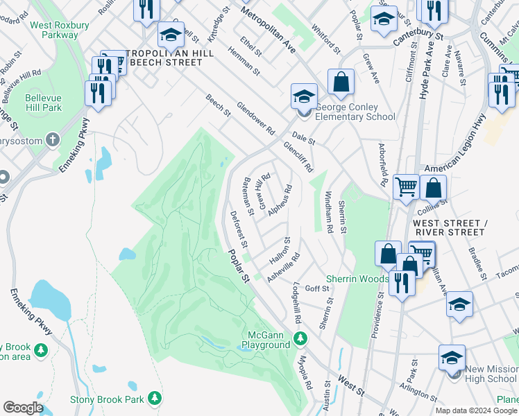 map of restaurants, bars, coffee shops, grocery stores, and more near 92 Alpheus Road in Boston