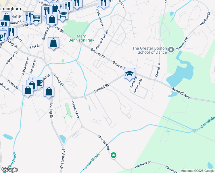 map of restaurants, bars, coffee shops, grocery stores, and more near 91A Leland Street in Framingham