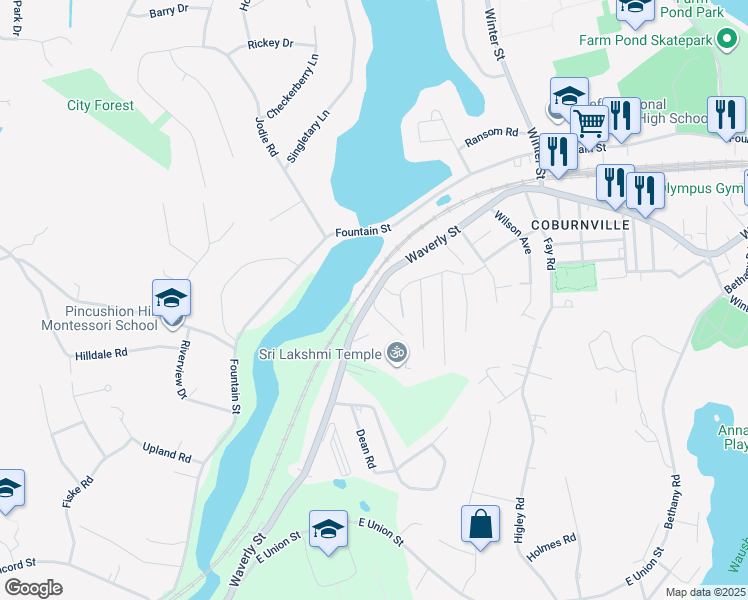 map of restaurants, bars, coffee shops, grocery stores, and more near 1118 Waverly Street in Framingham