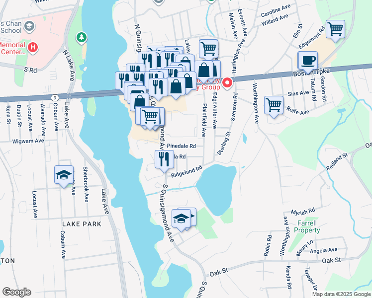 map of restaurants, bars, coffee shops, grocery stores, and more near 3 Vancroft Avenue in Shrewsbury