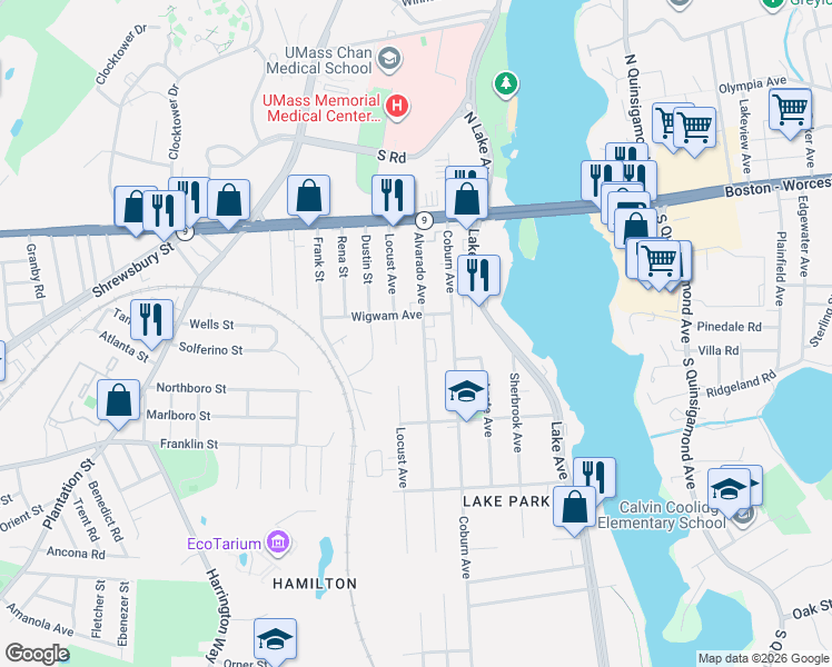 map of restaurants, bars, coffee shops, grocery stores, and more near 41 Locust Avenue in Worcester