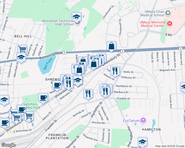 map of restaurants, bars, coffee shops, grocery stores, and more near 57 Atlanta Street in Worcester