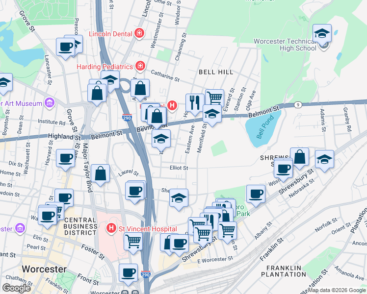 map of restaurants, bars, coffee shops, grocery stores, and more near 96 Eastern Avenue in Worcester