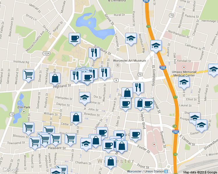 map of restaurants, bars, coffee shops, grocery stores, and more near 11 Lancaster Street in Worcester