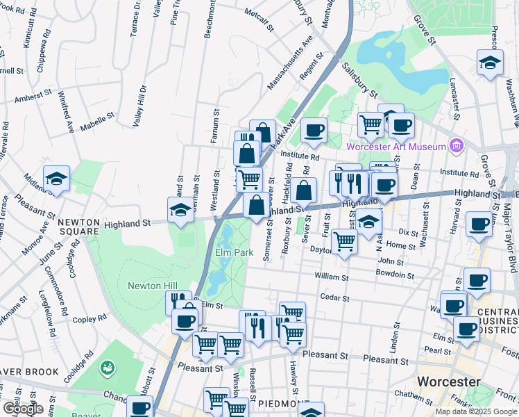 map of restaurants, bars, coffee shops, grocery stores, and more near 35 Somerset Street in Worcester