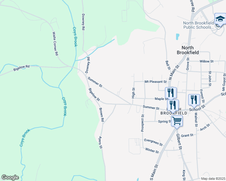 map of restaurants, bars, coffee shops, grocery stores, and more near 129 Summer Street in North Brookfield