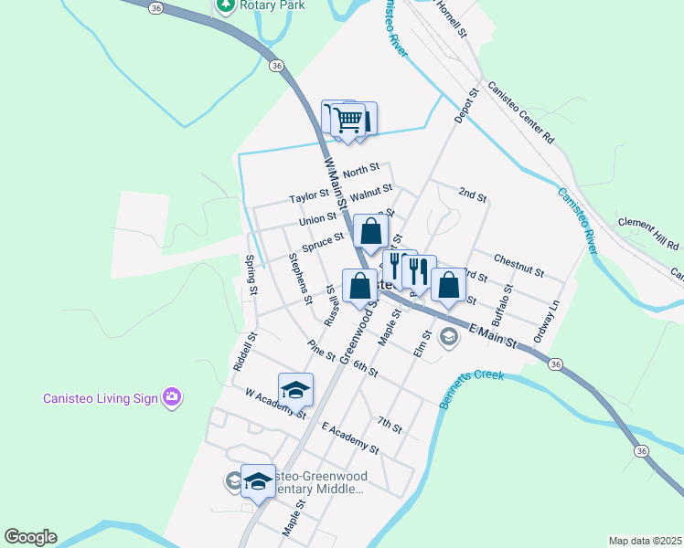 map of restaurants, bars, coffee shops, grocery stores, and more near 7 Orchard Street in Canisteo