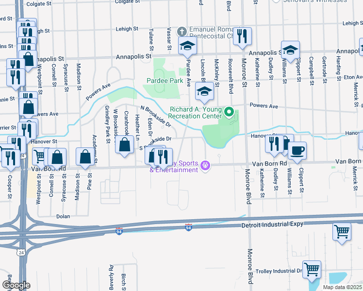 map of restaurants, bars, coffee shops, grocery stores, and more near 5730 Kaufman Street in Dearborn Heights