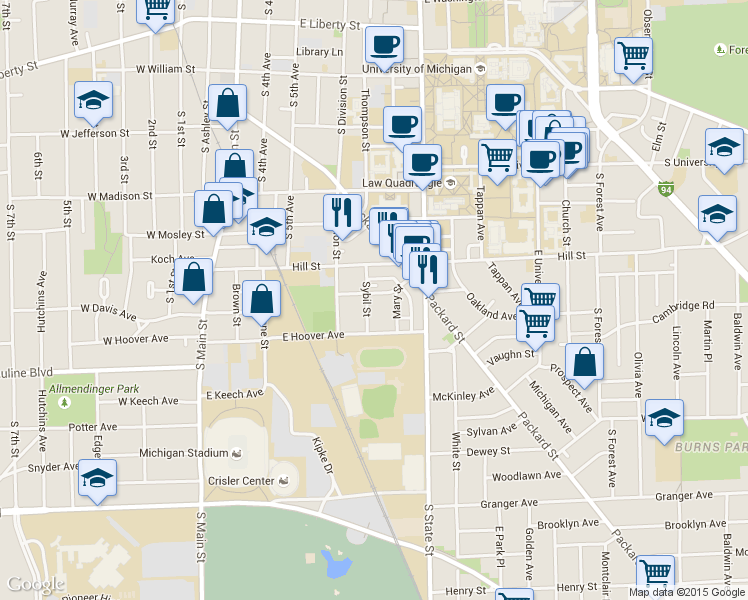map of restaurants, bars, coffee shops, grocery stores, and more near 920 Sybil Street in Ann Arbor