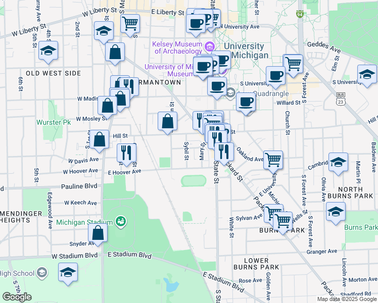 map of restaurants, bars, coffee shops, grocery stores, and more near 920 Sybil Street in Ann Arbor