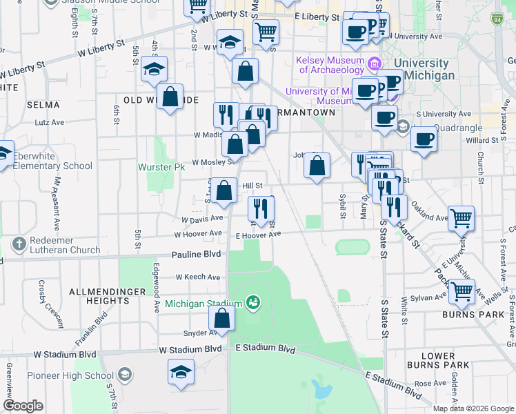map of restaurants, bars, coffee shops, grocery stores, and more near 145 East Hoover Avenue in Ann Arbor