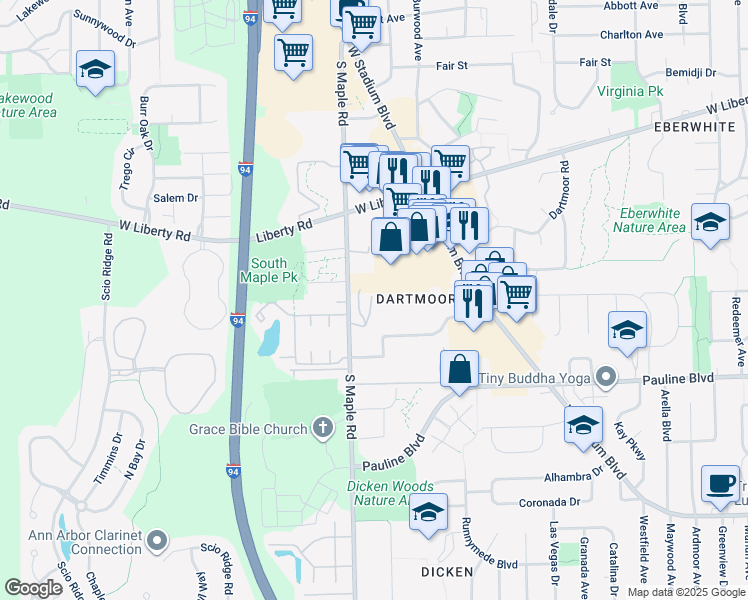 map of restaurants, bars, coffee shops, grocery stores, and more near 1034 Bluestem Lane in Ann Arbor