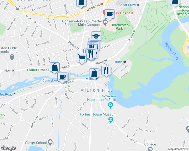 map of restaurants, bars, coffee shops, grocery stores, and more near 4 Adams Street in Milton