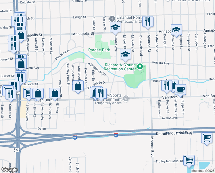 map of restaurants, bars, coffee shops, grocery stores, and more near 5670 Pardee Avenue in Dearborn Heights